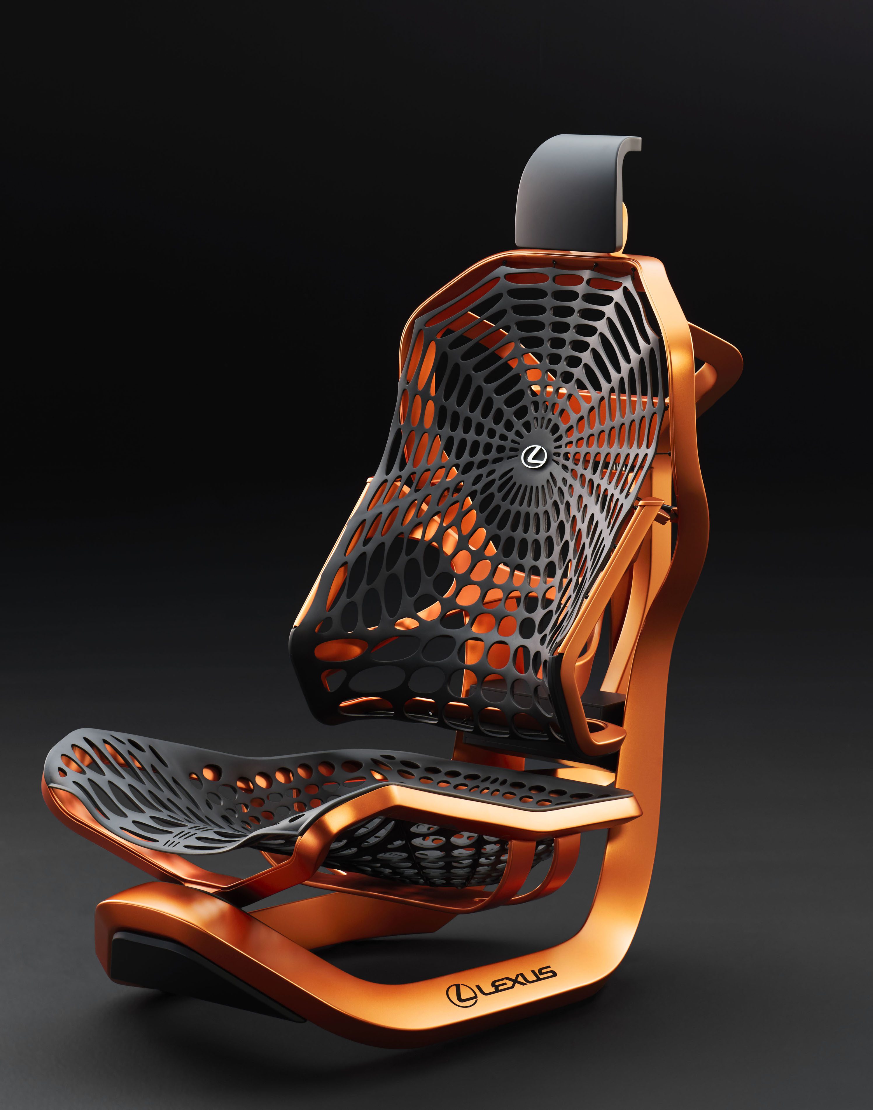 Innovative ergonomic chair with transparent mesh and wooden frame.