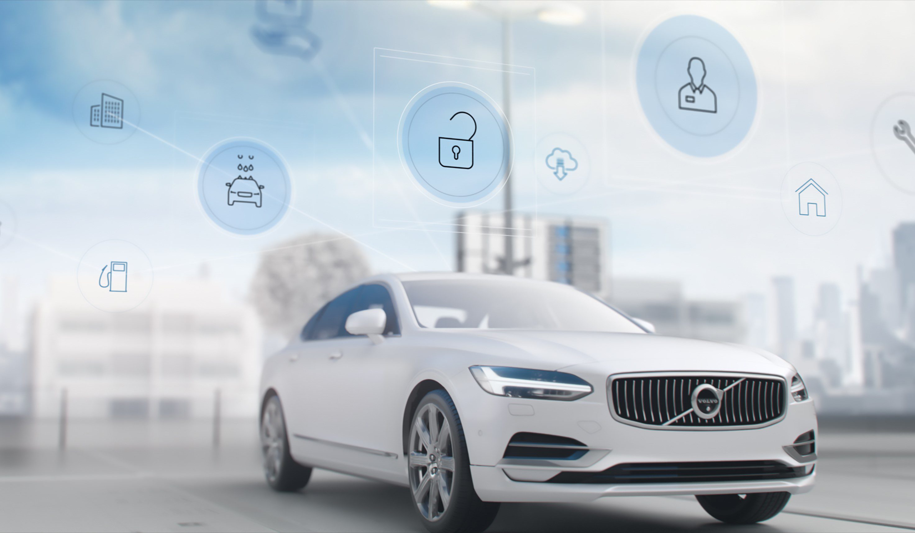 A sleek white Volvo sedan with digital connectivity icons in a city setting.