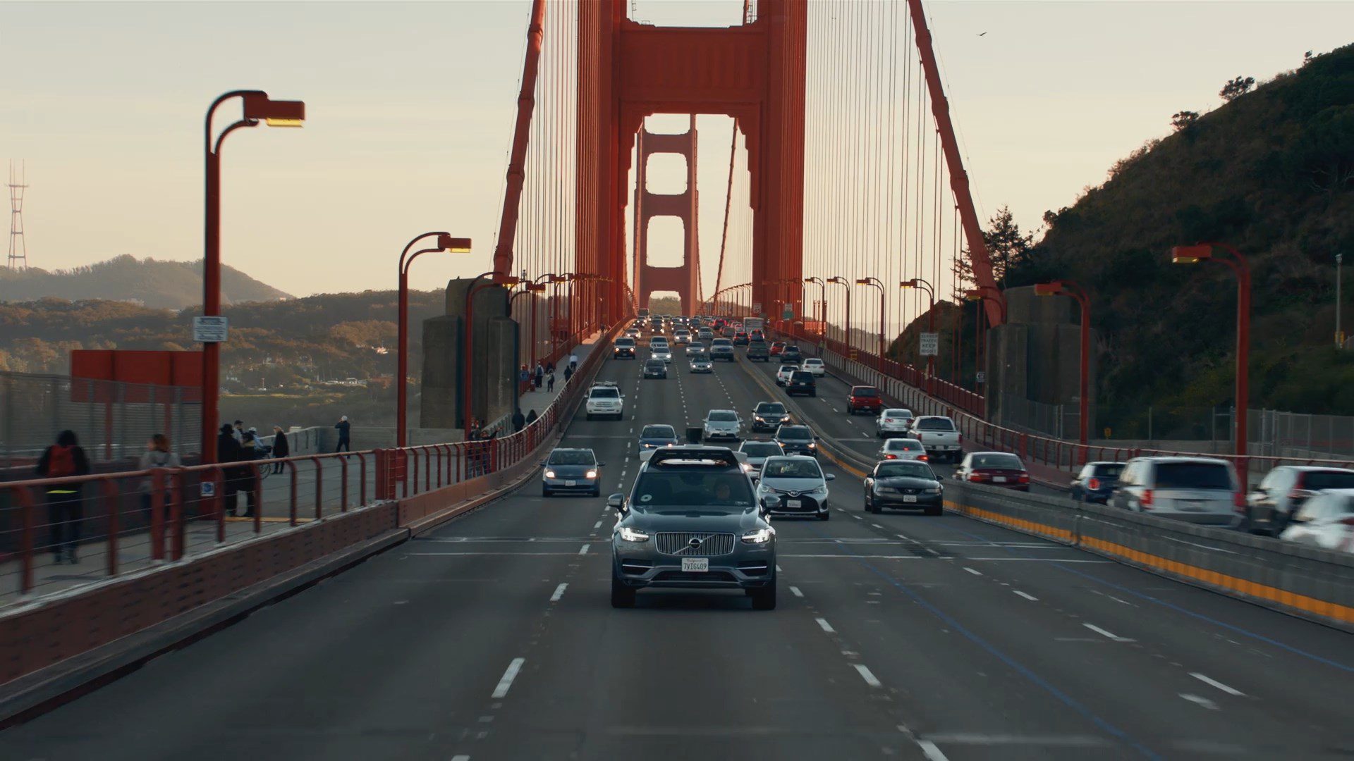 Traffic moving across the iconic Golden Gate Bridge.