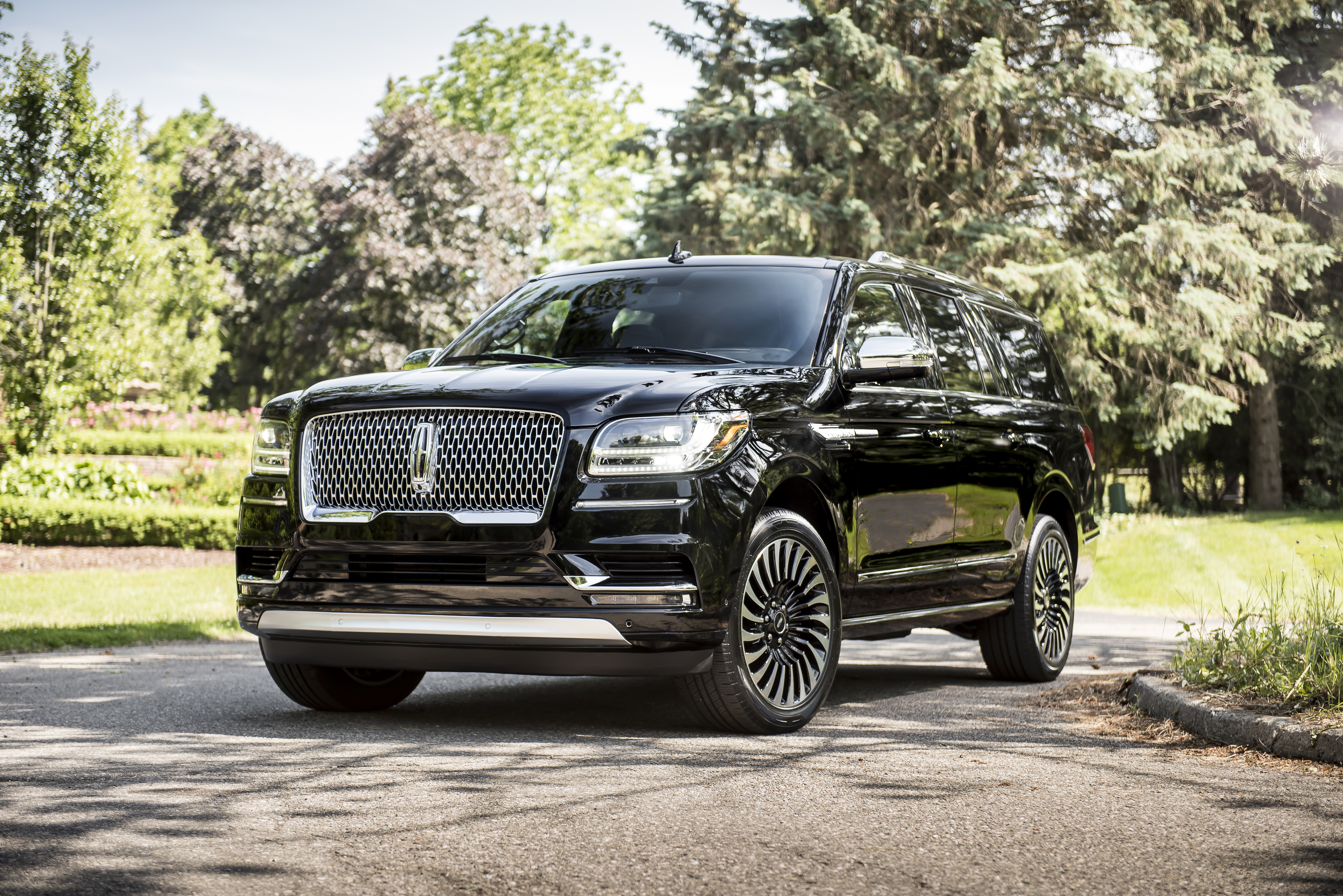Sleek black luxury SUV parked on a tree-lined street.
