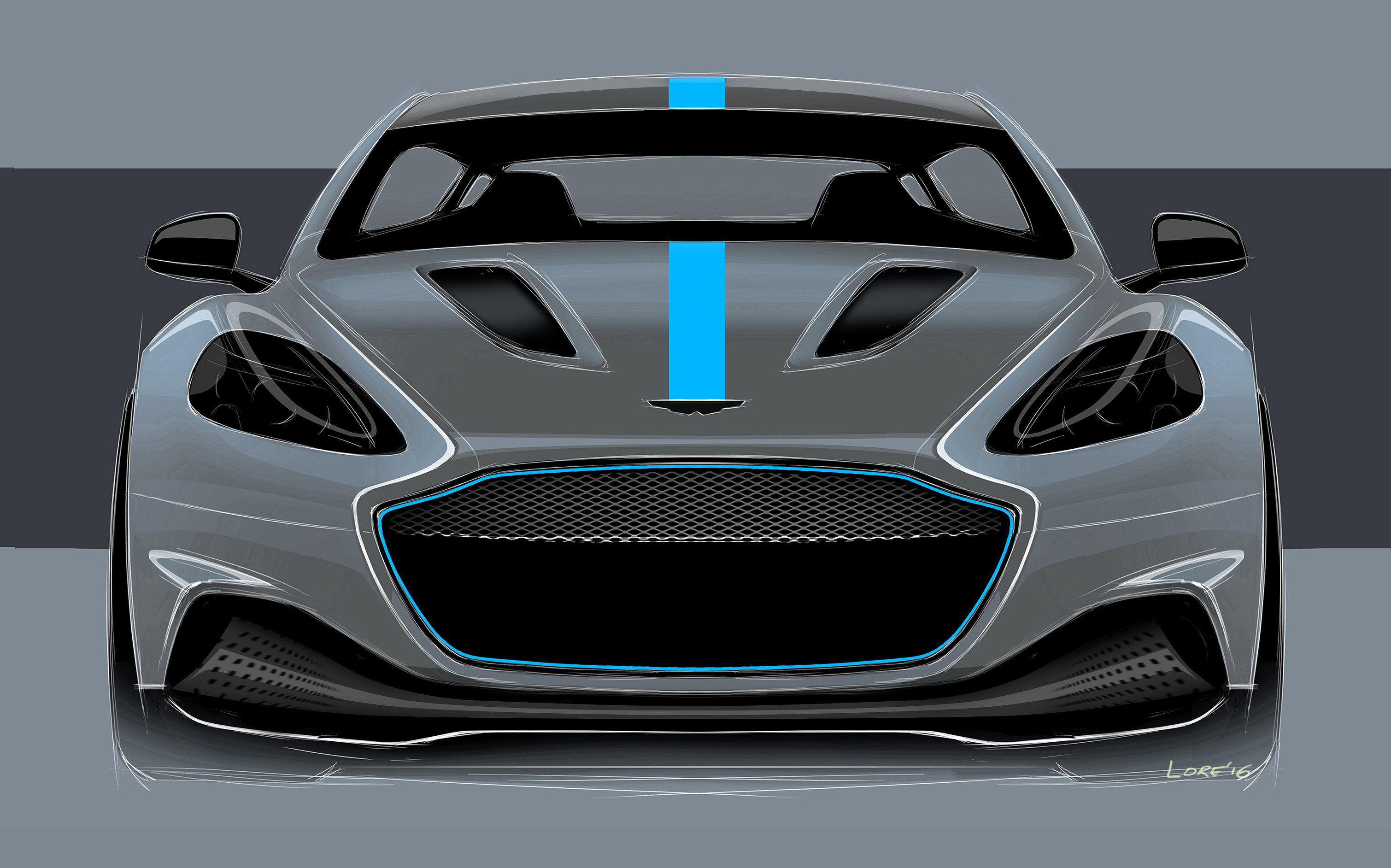 Sleek gray sports car with blue racing stripes and aggressive front design.