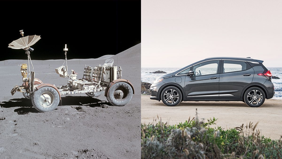 A side-by-side comparison of a lunar rover on the moon and a modern electric car on Earth.