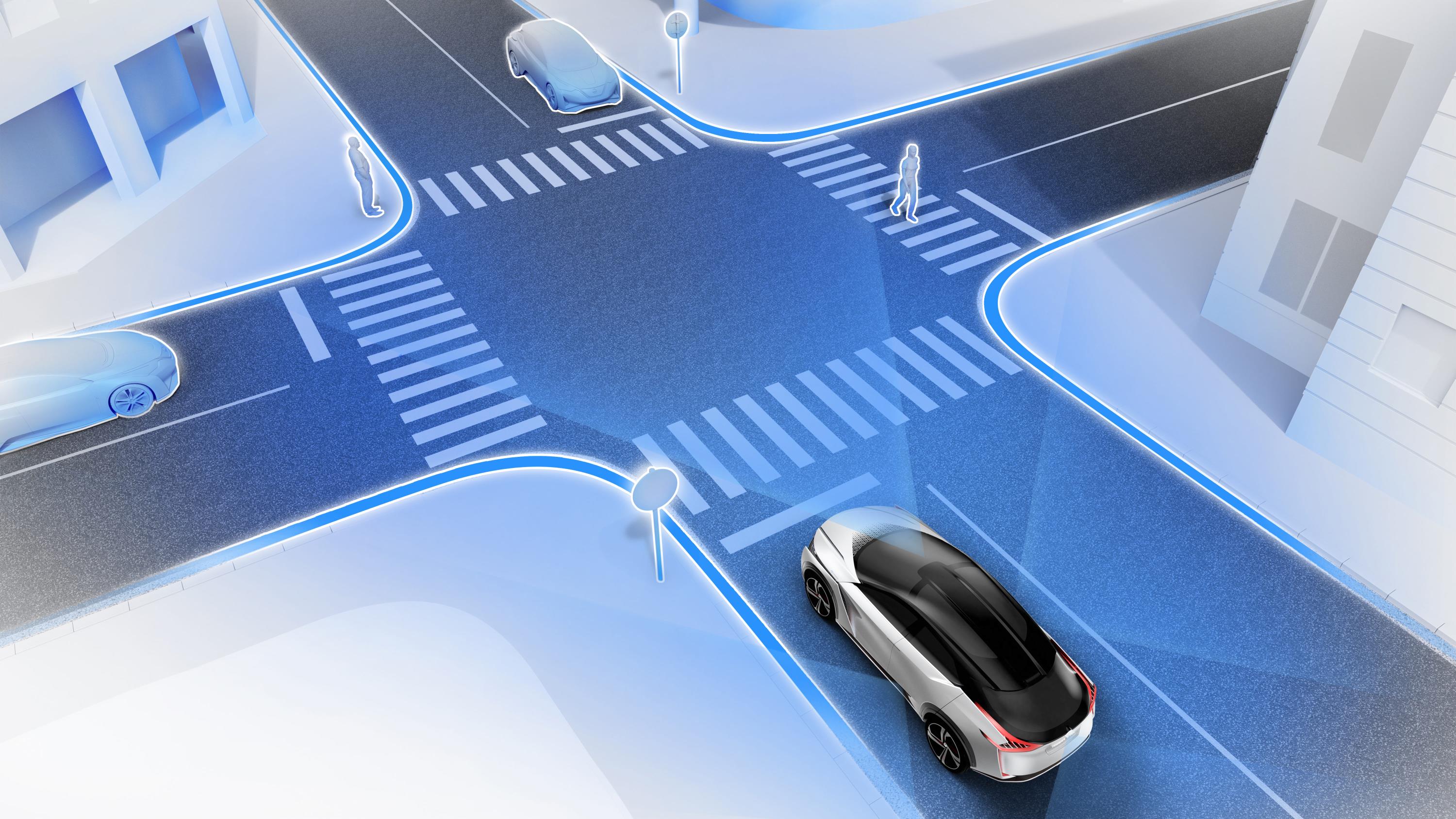 A futuristic autonomous car navigating a digital city intersection.