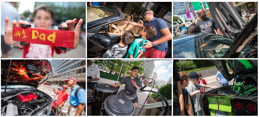 Children and adults explore various musical instruments outdoors with guidance and curiosity.