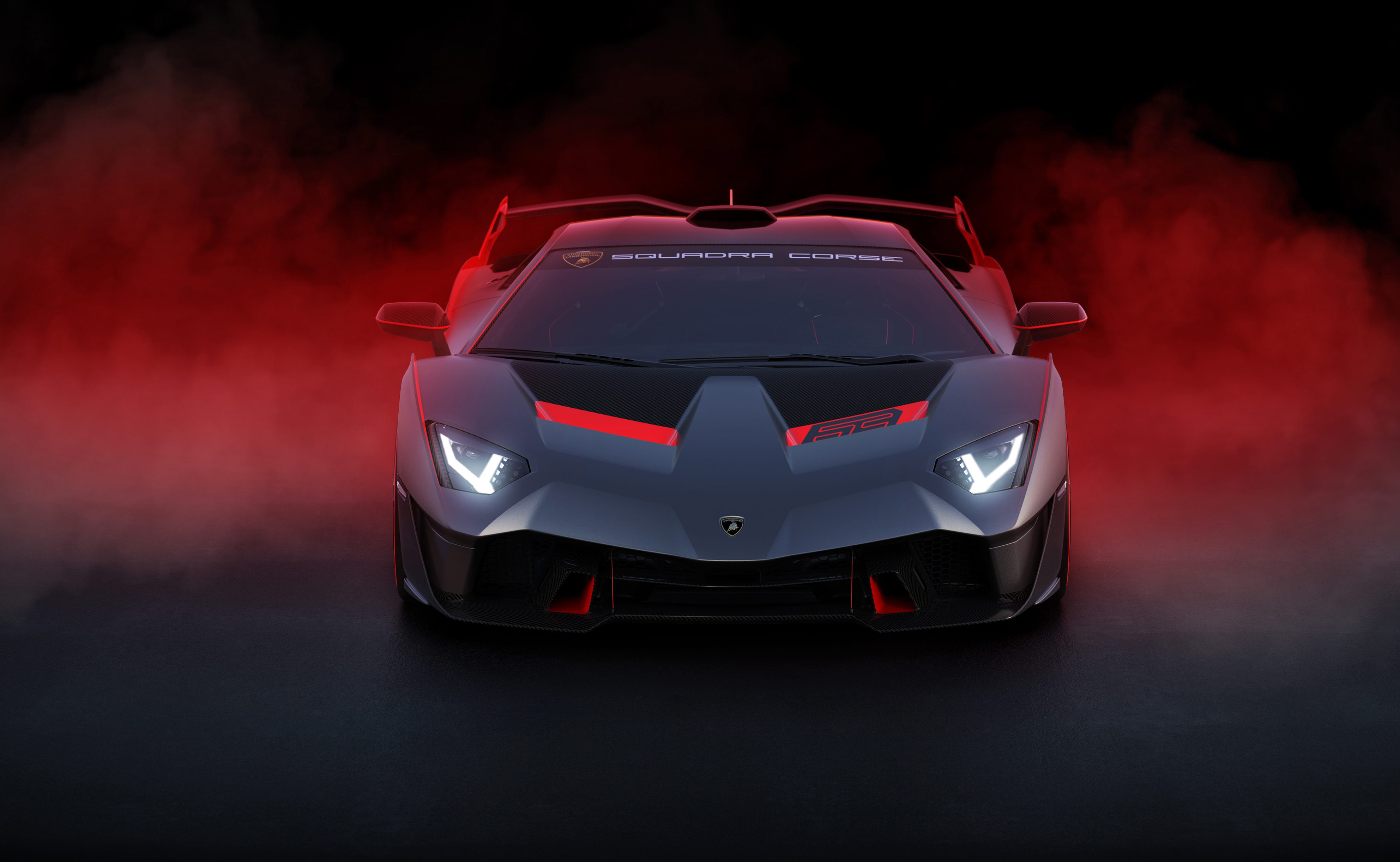 Sleek black sports car with glowing red headlights in a smoky setting.