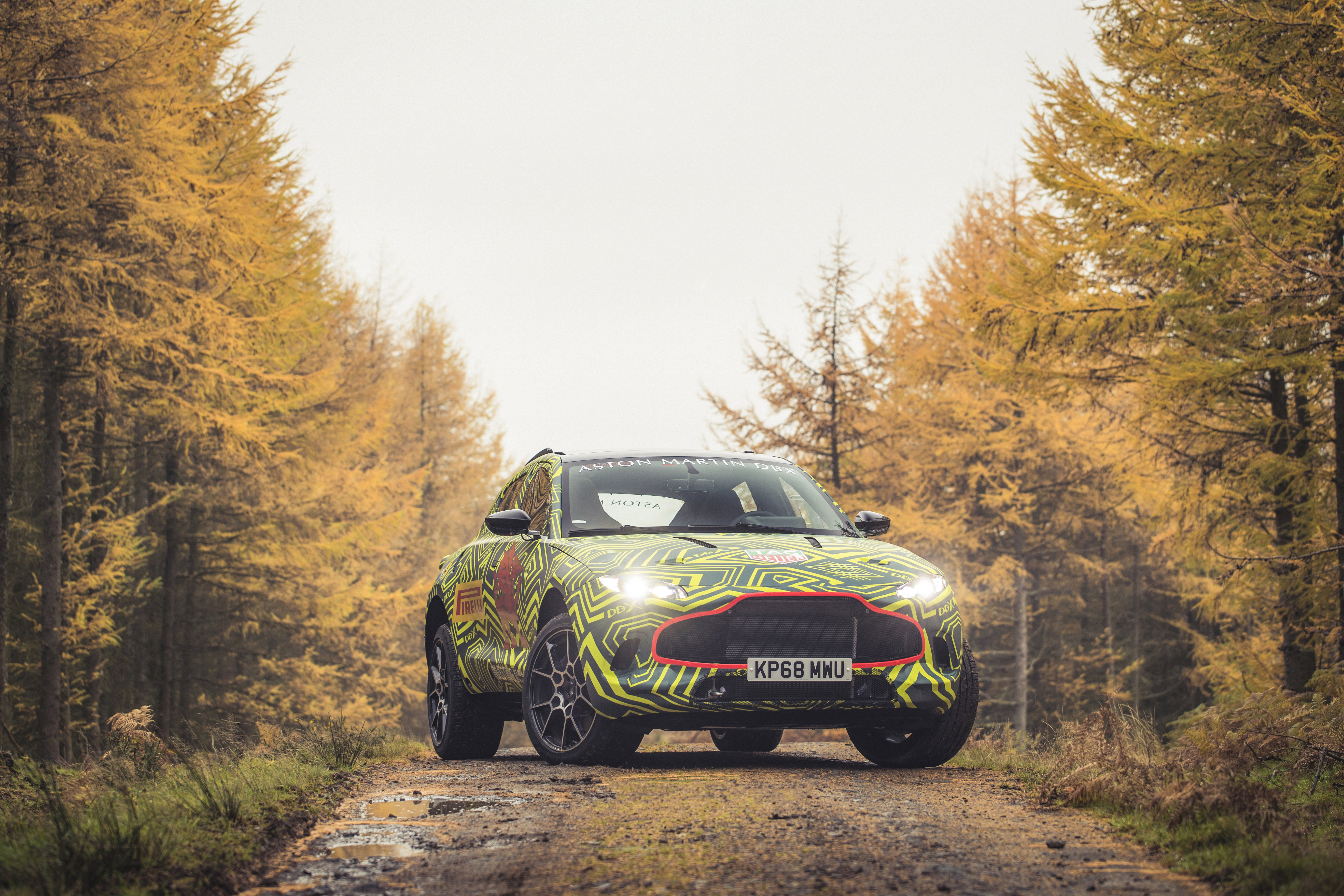 A green and black camo-patterned SUV driving on a forest road.