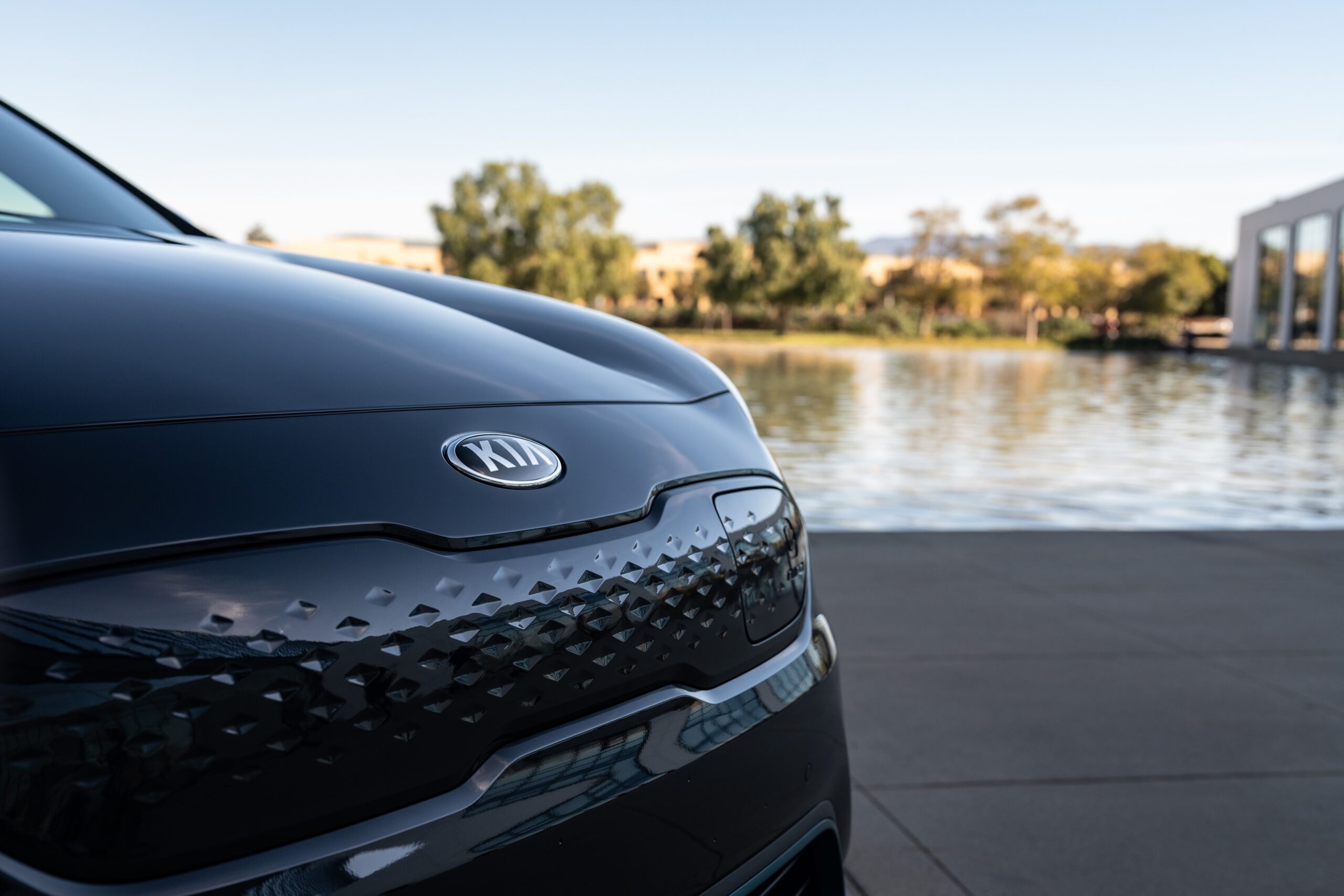 Close-up of a BYD car front near a waterfront at sunset.