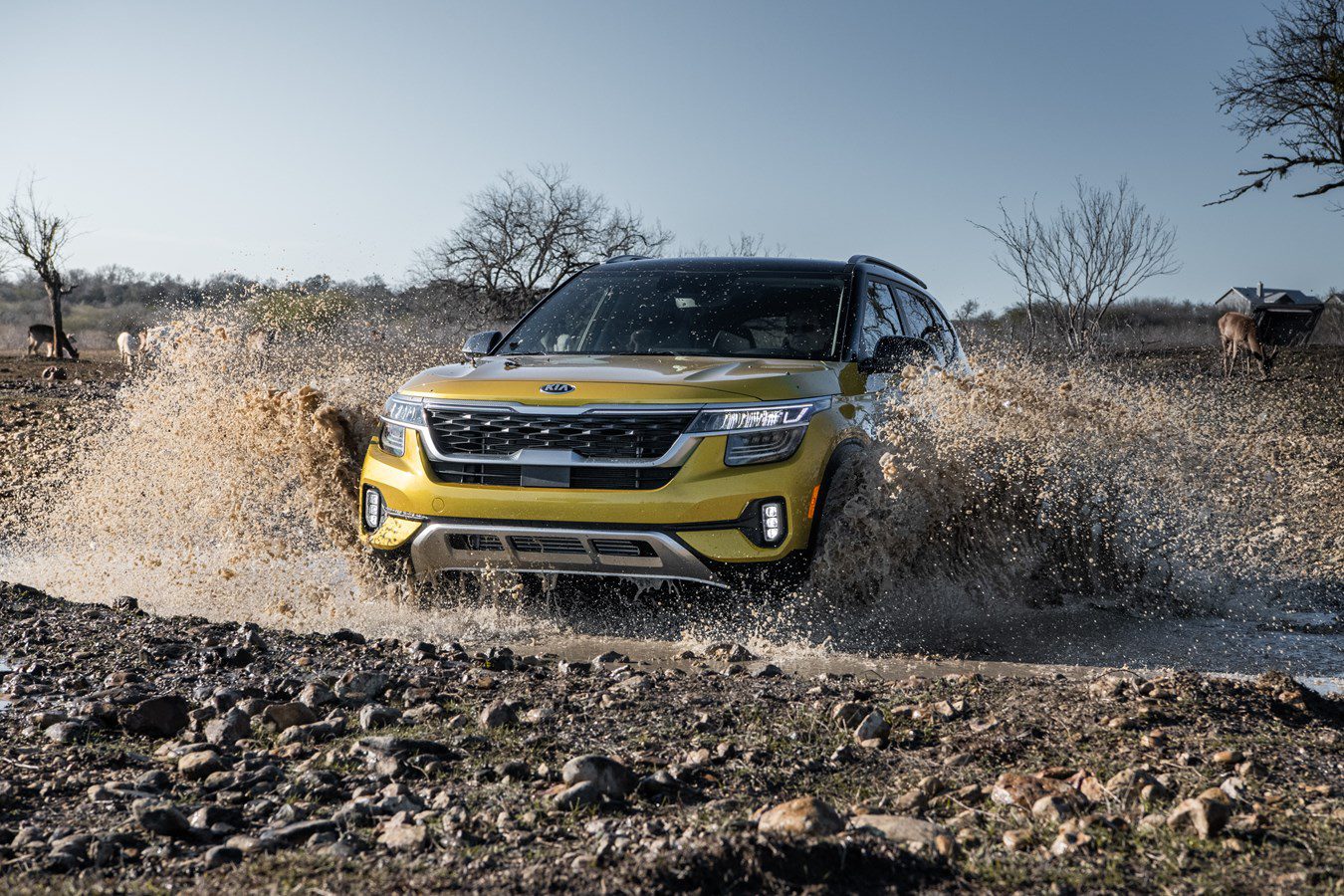 A yellow SUV splashes mud while driving off-road through rough terrain.