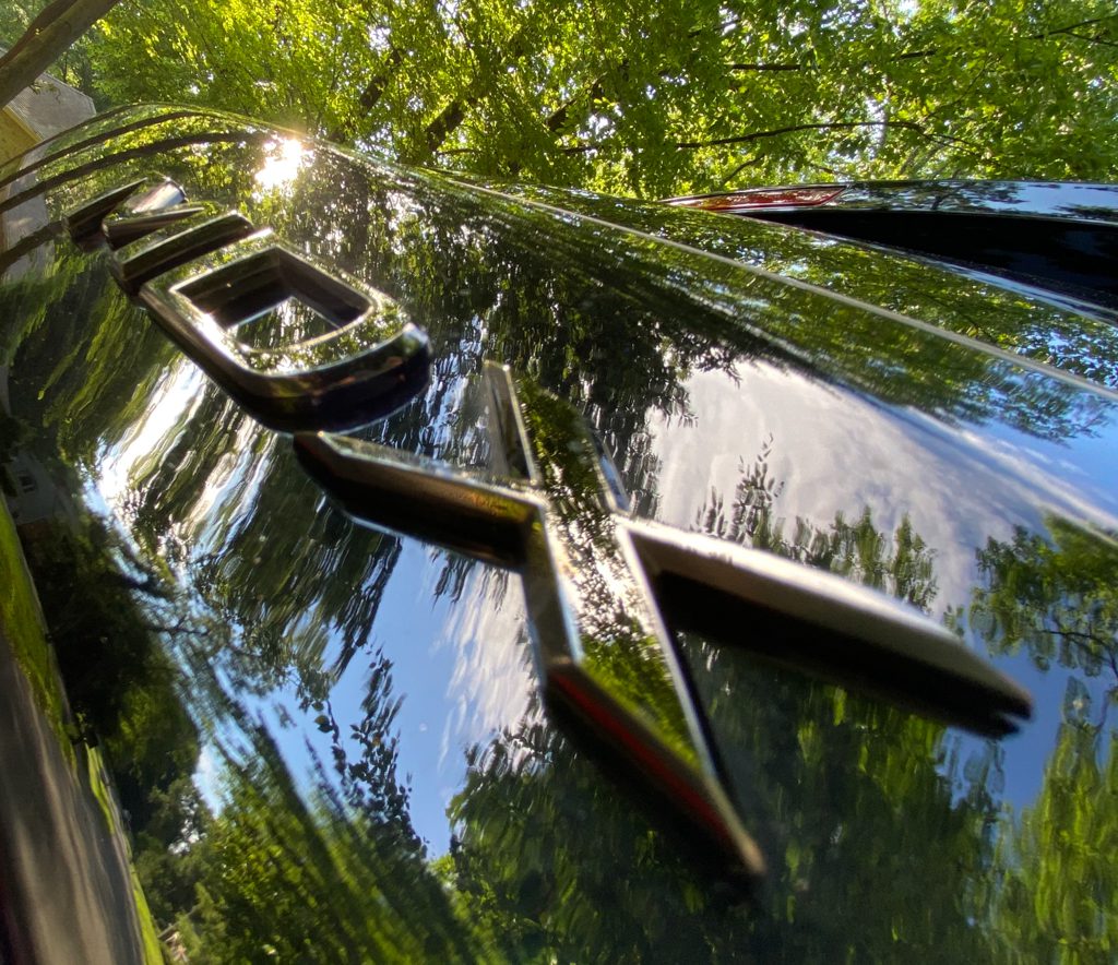 Close-up of a shiny chrome car badge reflecting trees.