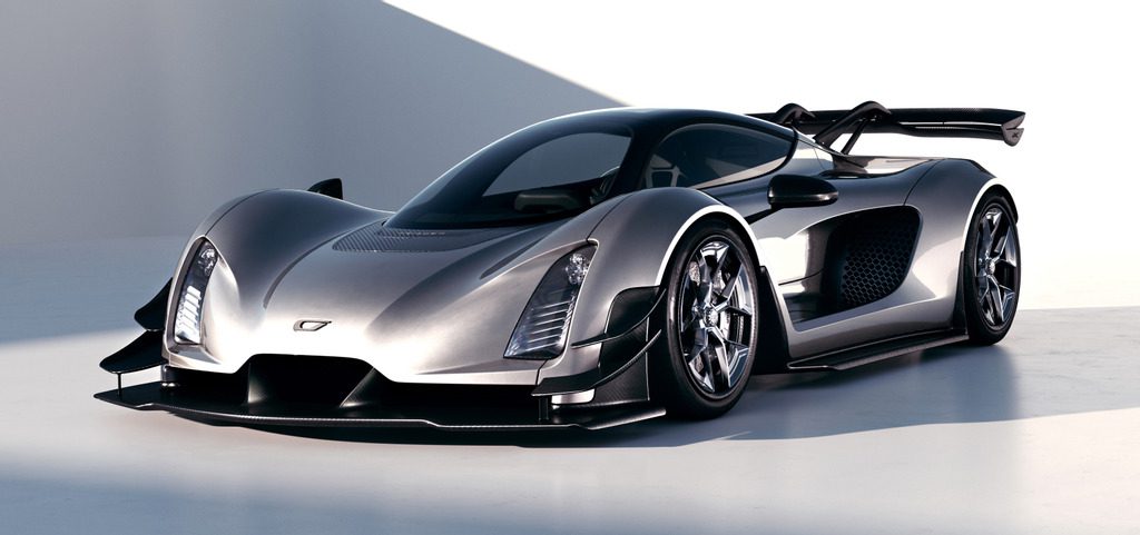 A sleek silver sports car with aerodynamic design.