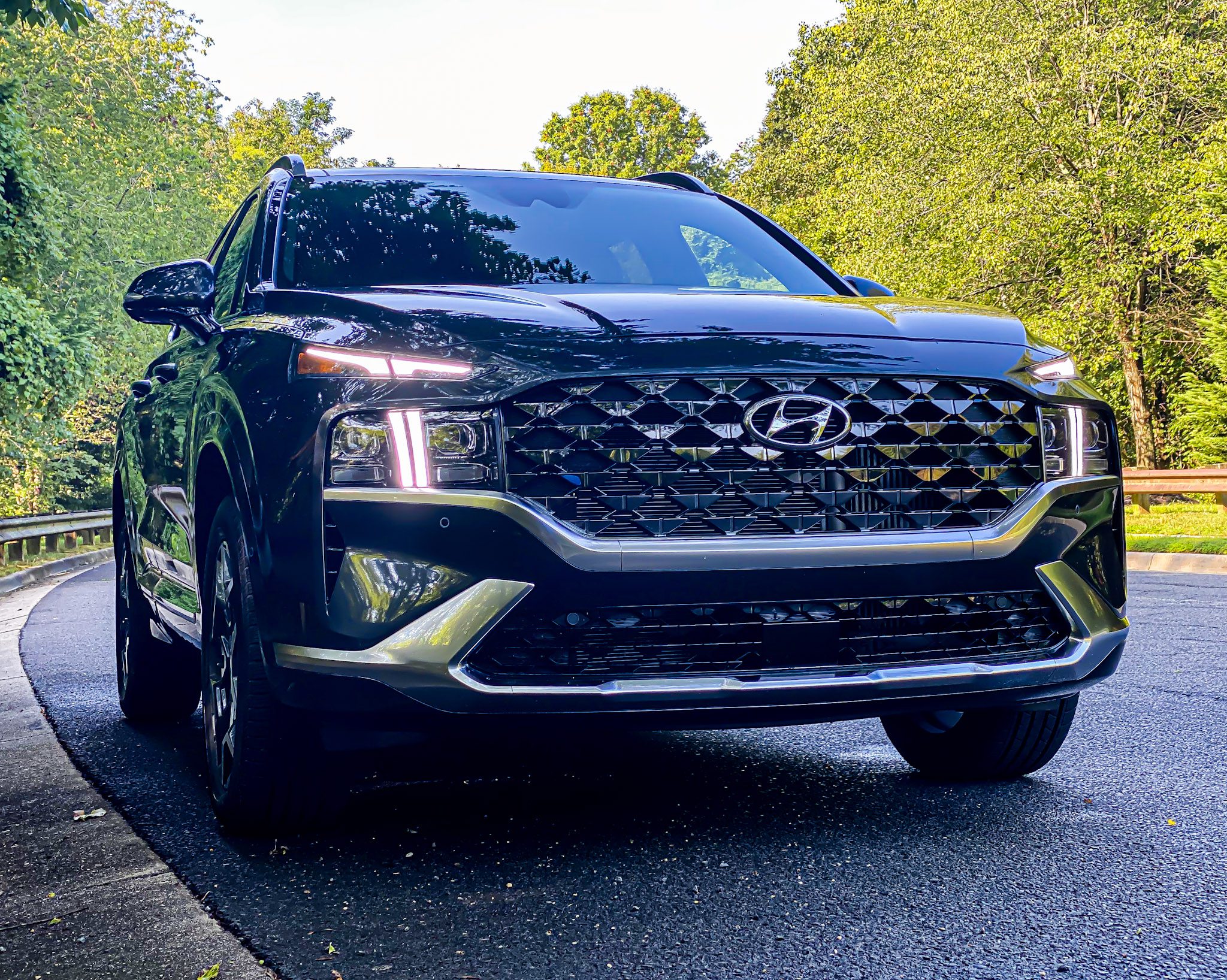 Front view of a sleek black SUV on a sunny road surrounded by greenery.