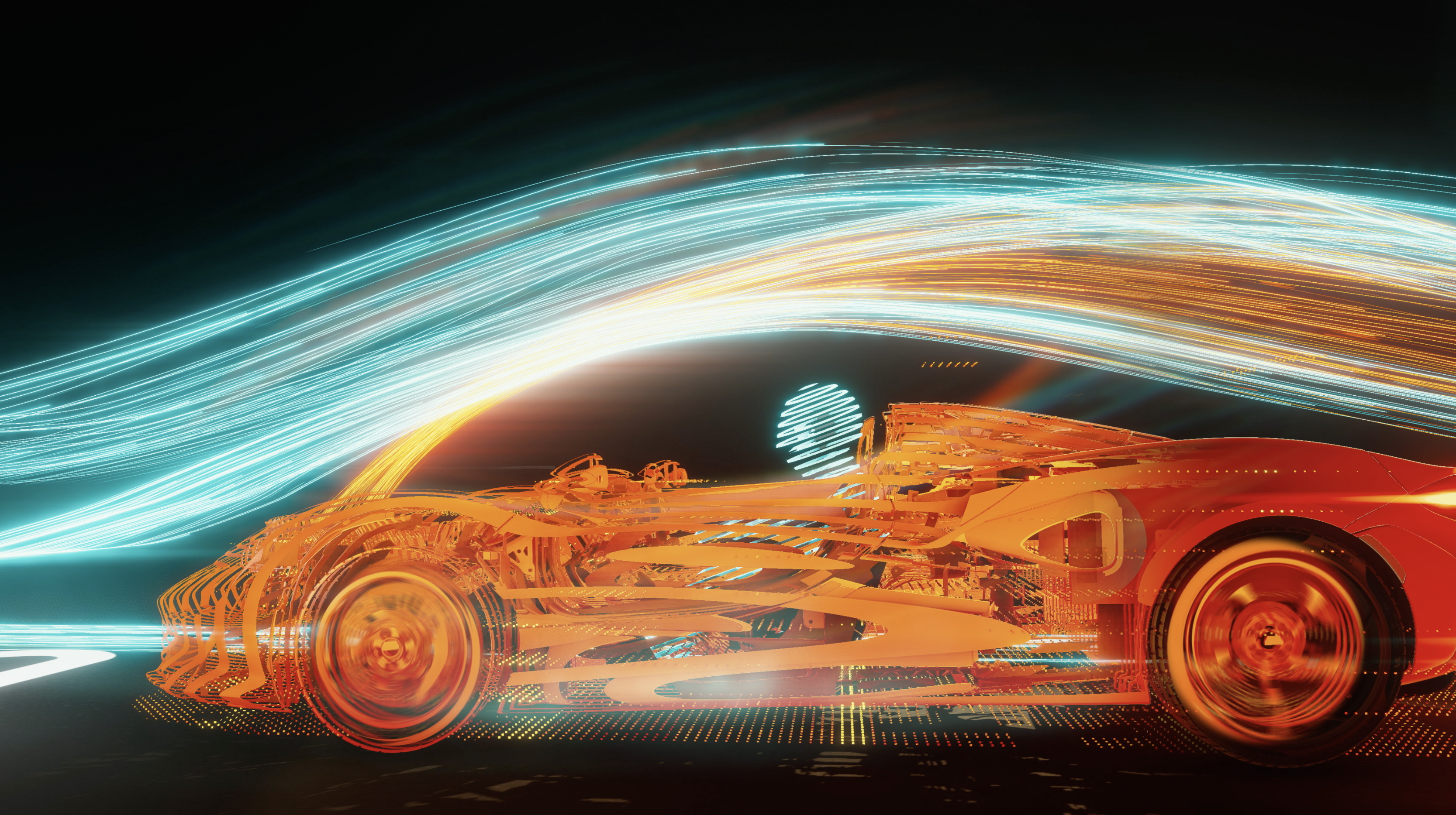 Futuristic racing vehicle with dynamic light trails in a dark setting.
