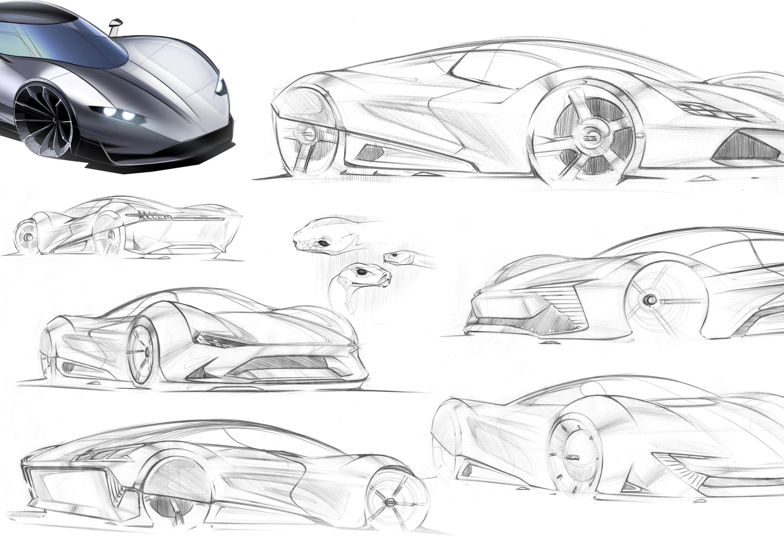 Concept sketches of a futuristic sports car from various angles.