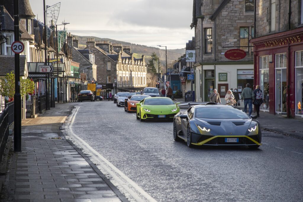 Lamborghini cars, featuring models from across the Aventador and Huracán ranges as well as the Super SUV Urus, toured the Scottish Cairngorms at the start of the 2021 winter in search of perfect driving routes.