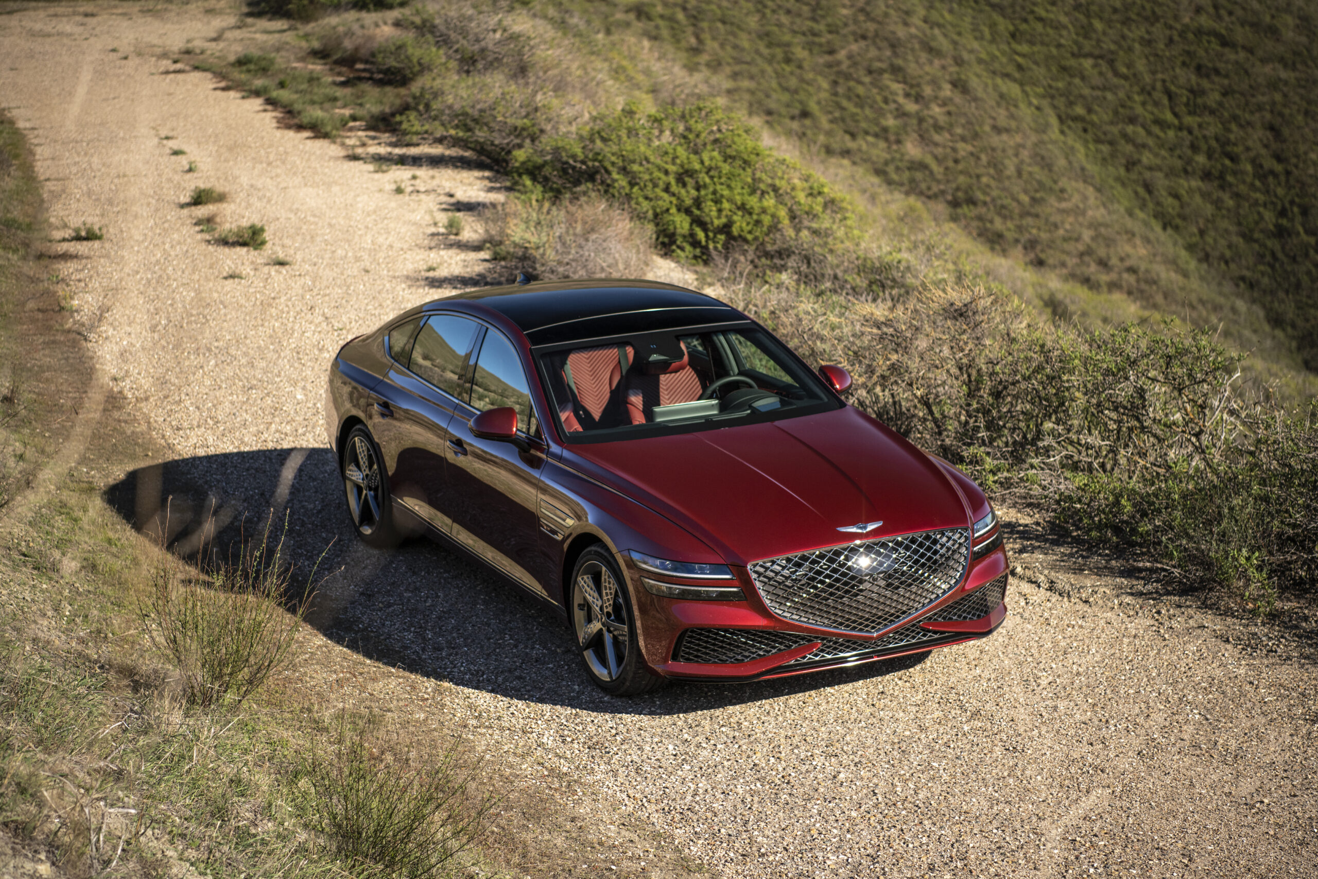 Red luxury sedan driving on a coastal road with scenic hills.