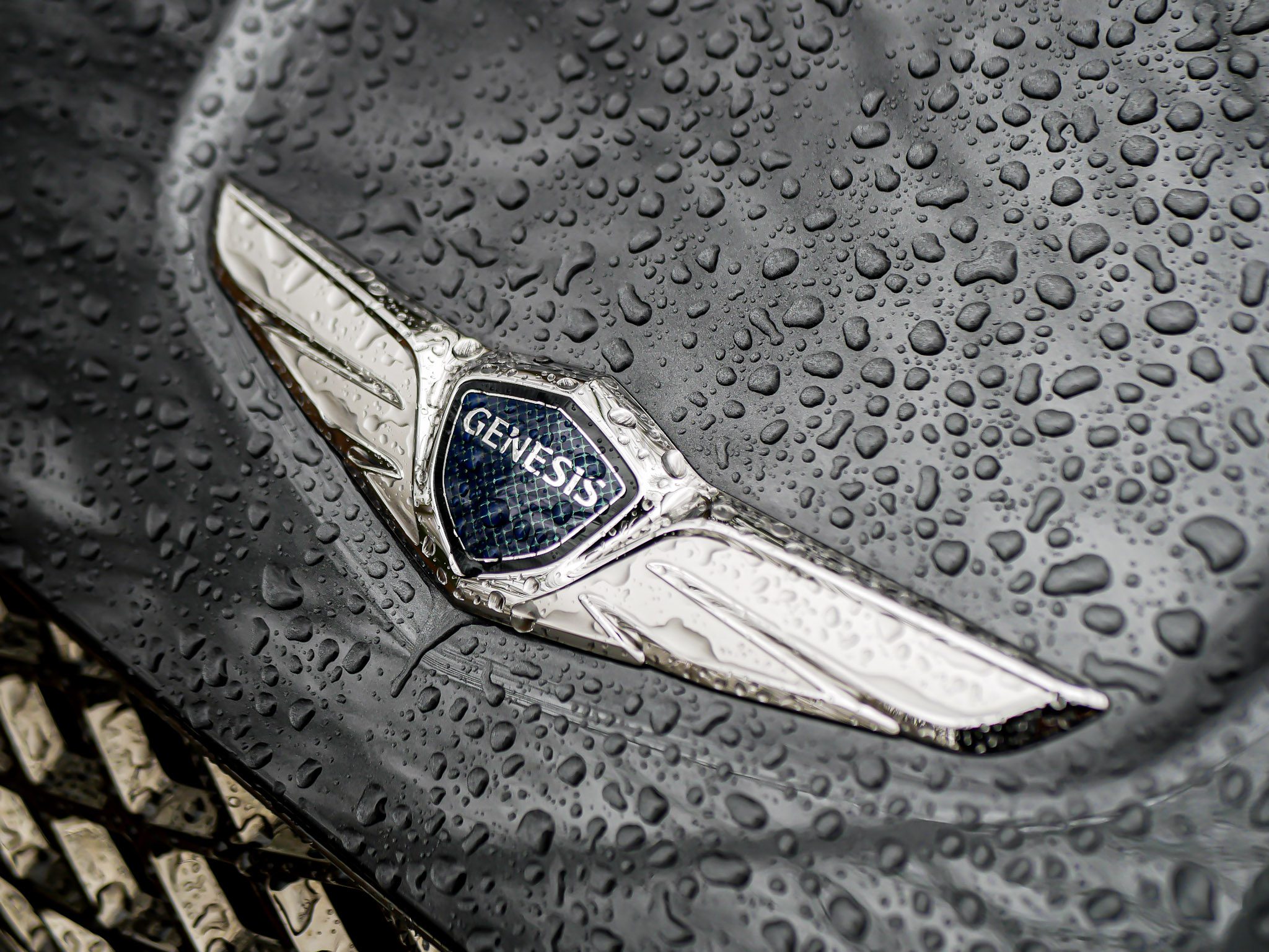 Close-up of a Genesis car emblem covered in water droplets.