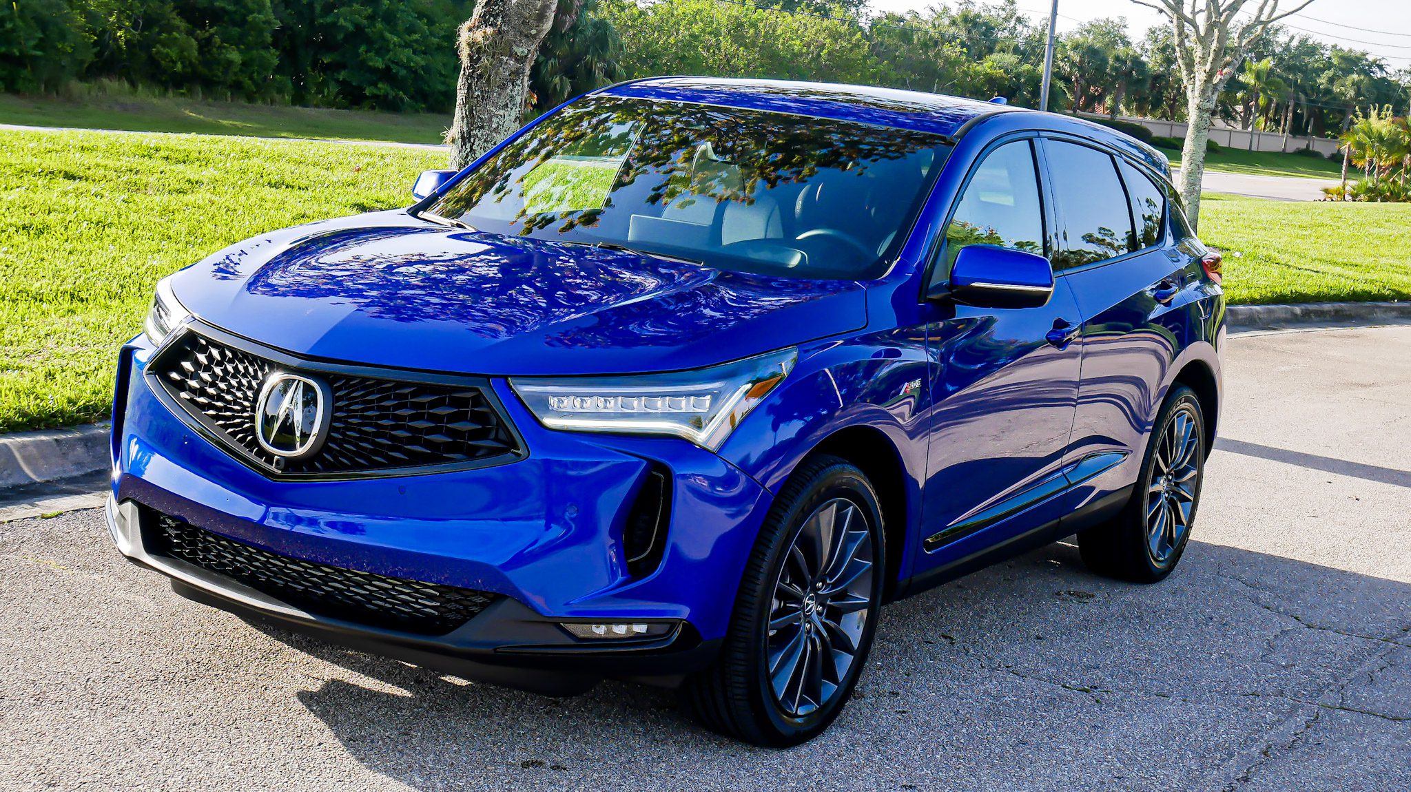 Blue luxury SUV parked outdoors on a sunny day.