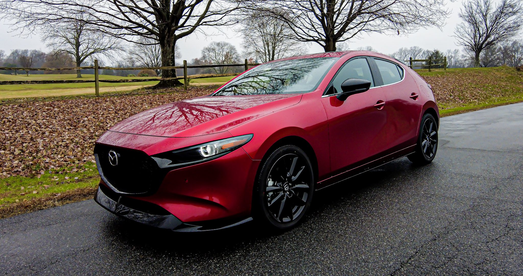 Sleek red sports car parked on a wet road with trees in the background.