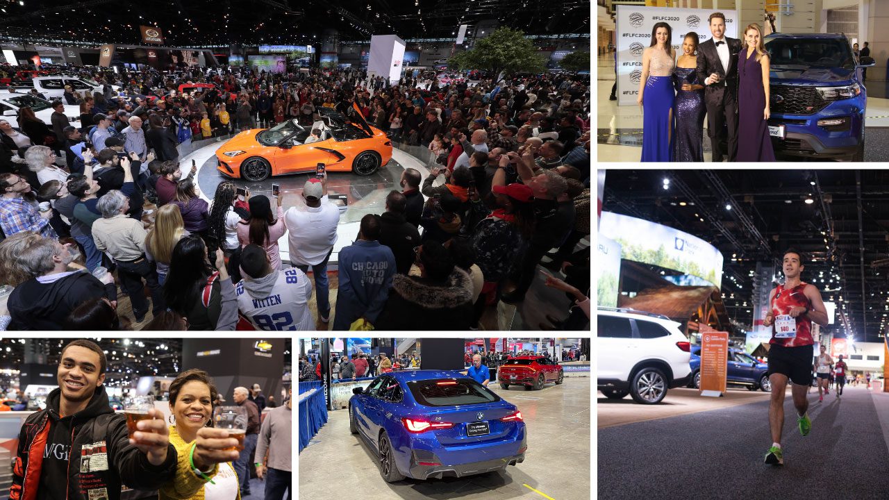 Crowded auto show featuring sports cars and SUVs on display.