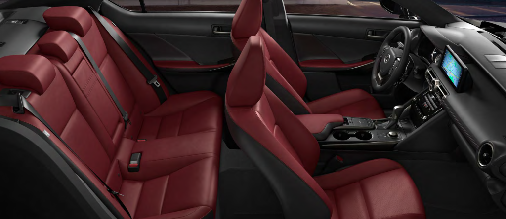 Luxurious interior of the 2023 Lexus IS350 AWD F Sport, showcasing NuLuxe-trimmed seats and advanced infotainment system.