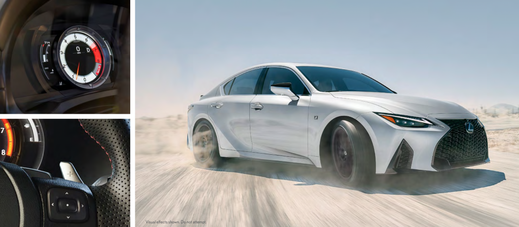 Striking exterior design of the 2023 Lexus IS350 AWD F Sport, featuring bold lines and distinctive L-shaped headlights.