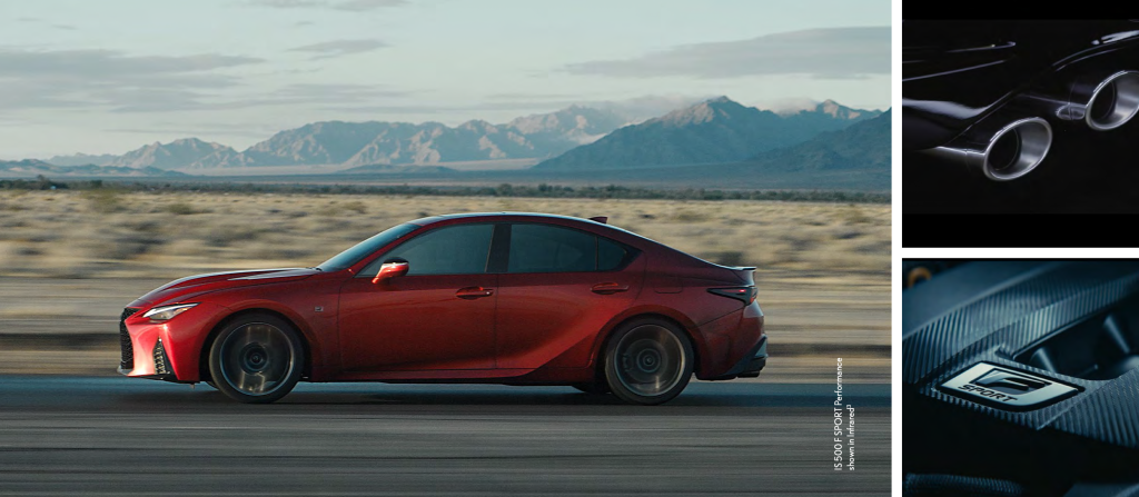 Striking exterior design of the 2023 Lexus IS350 AWD F Sport, featuring bold lines and distinctive L-shaped headlights.