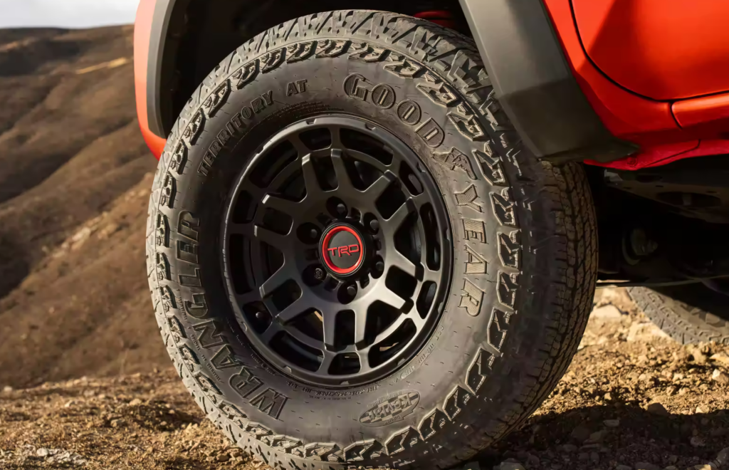 Tacoma TRD Pro: Equipped with 16-inch TRD Black Alloy Wheels and Goodyear Wrangler All-Terrain Tires.