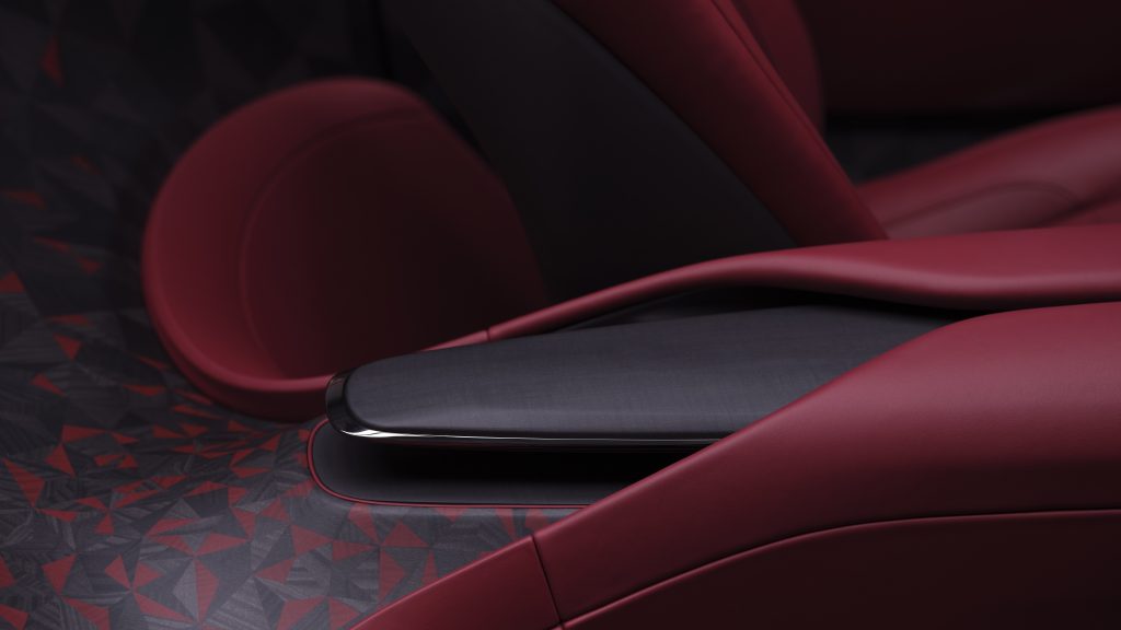 Sumptuous leather interior featuring a blend of dark red Mystery leather and light red True Love leather, evoking the luxurious texture of Black Baccara rose petals.