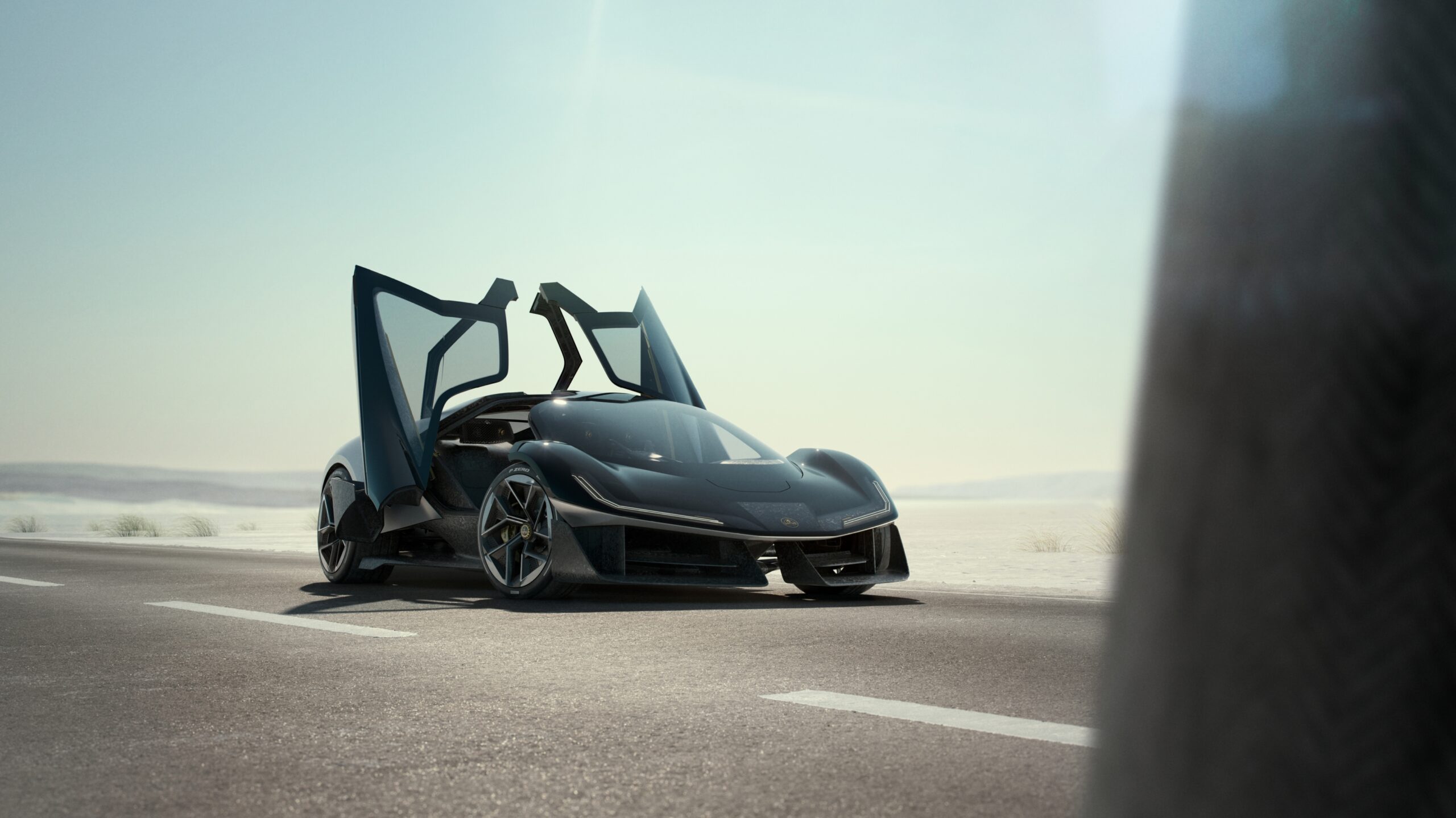 A sleek black sports car with butterfly doors open on a road.