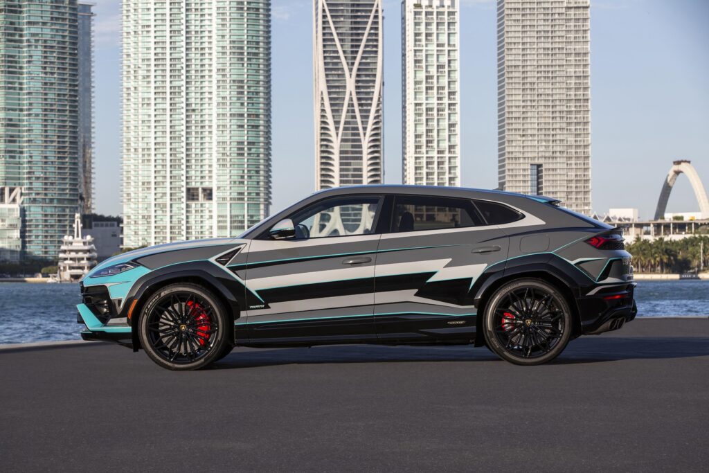 Miami-inspired Lamborghini Urus SE unveiled during Art Basel, showcasing vibrant custom design and hybrid innovation