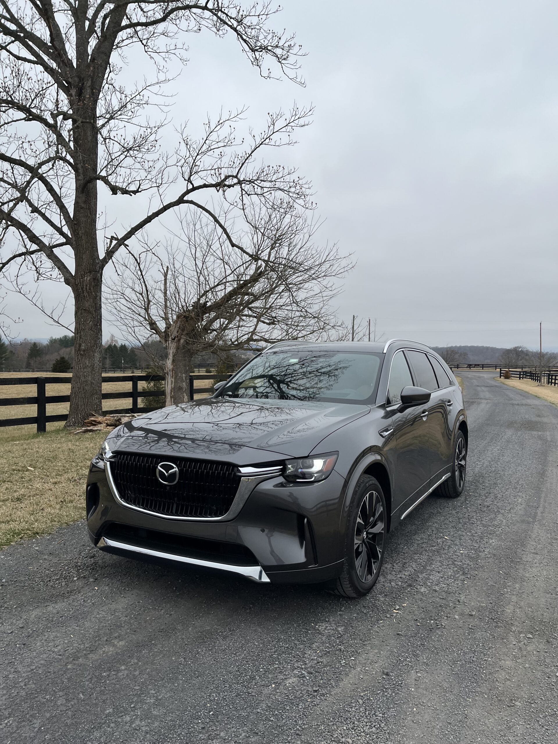 A black Mazda SUV parked on a country road on a cloudy day.