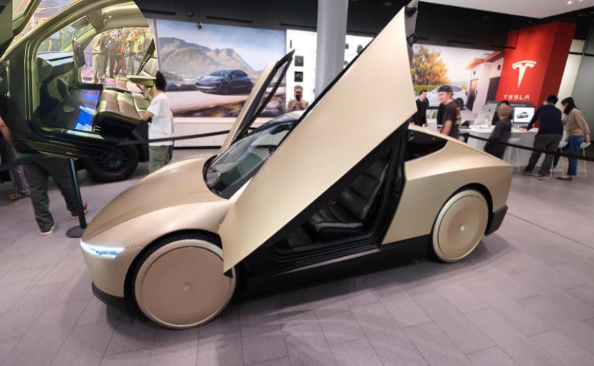 Futuristic beige car with gull-wing doors open in showroom.
