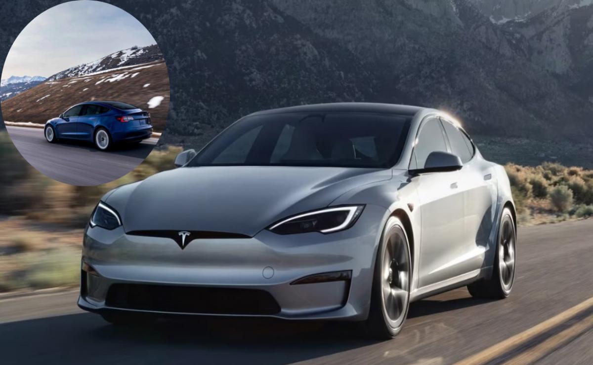 A sleek silver Tesla Model S driving on a scenic road.