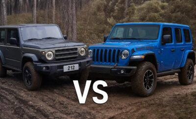 A Mercedes G-Wagon and a Jeep Wrangler face off on a muddy trail.