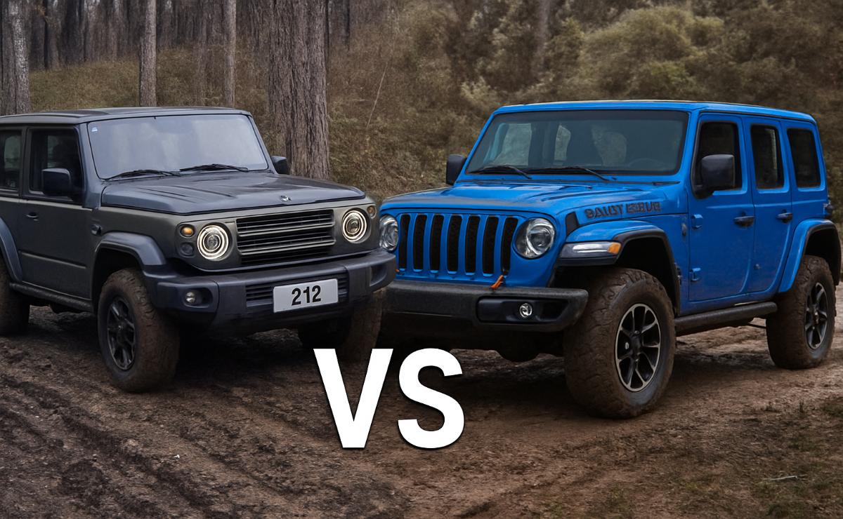 A Mercedes G-Wagon and a Jeep Wrangler face off on a muddy trail.