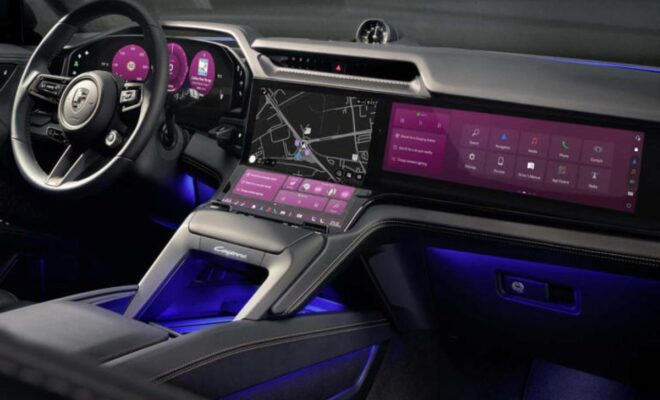 Futuristic car dashboard with multiple digital touchscreens and ambient purple lighting.