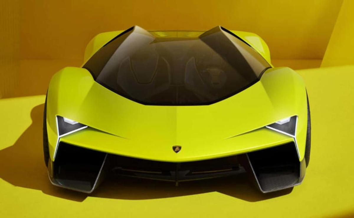 Front view of a sleek, lime-green Lamborghini sports car.