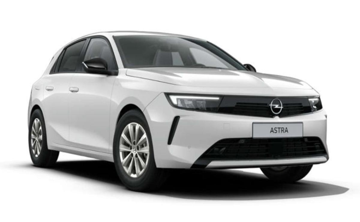 Sleek white Opel Astra hatchback with modern design and LED headlights.