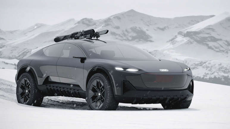 Sleek black electric SUV on snowy terrain with roof-mounted equipment.