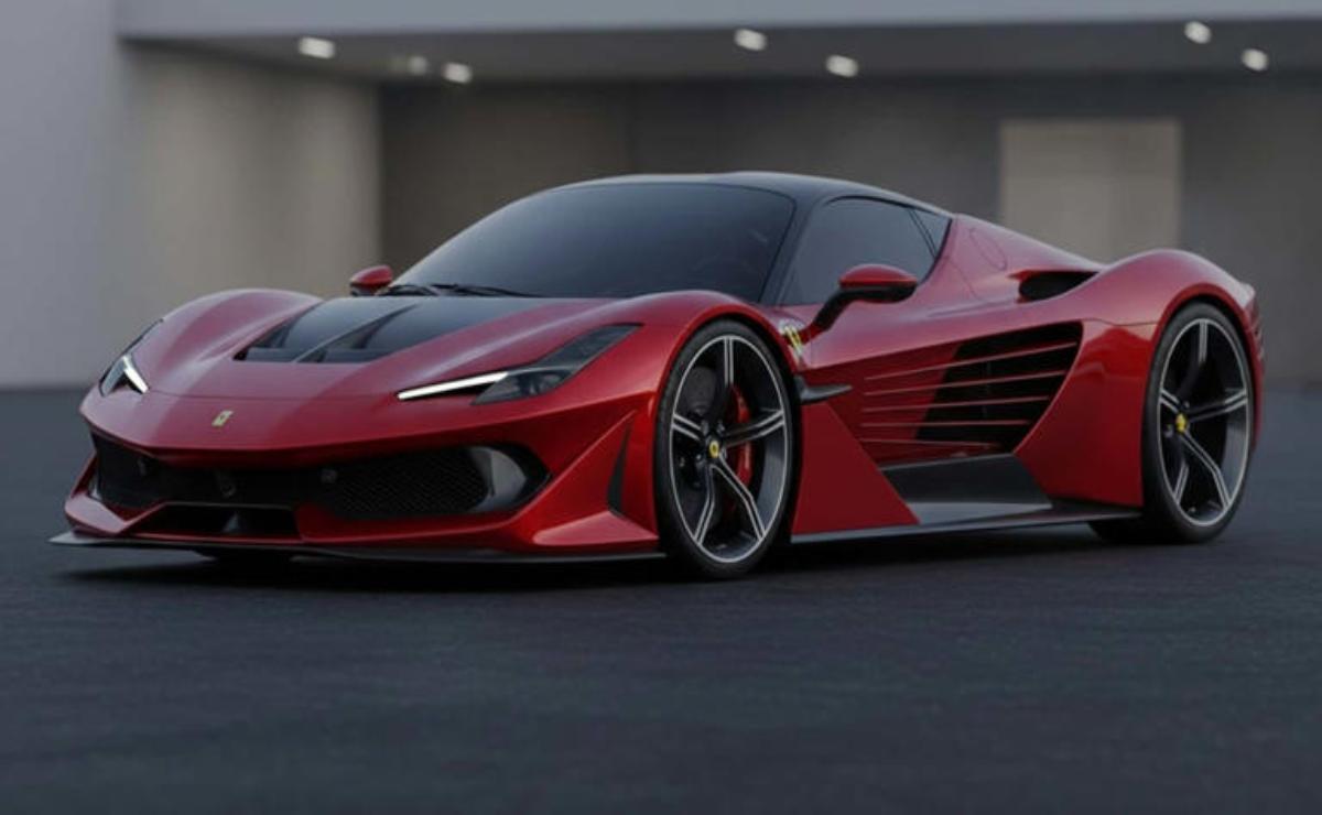A sleek red sports car with black accents parked in a modern setting.