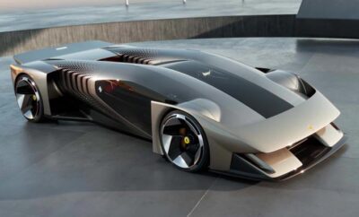 Futuristic sleek sports car with aerodynamic design and unique wheels.