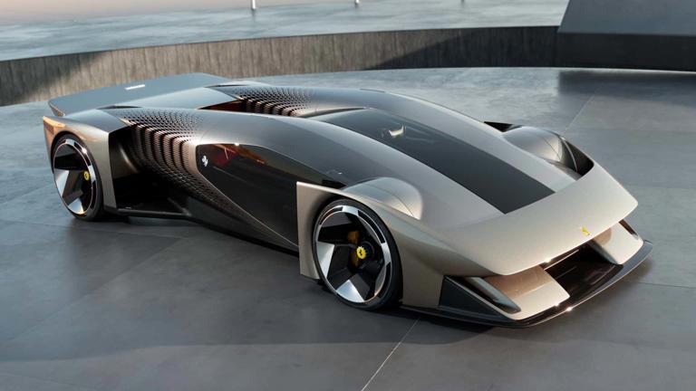Futuristic sleek sports car with aerodynamic design and unique wheels.