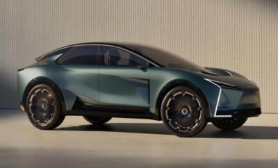 Futuristic electric SUV with sleek design and large wheels.