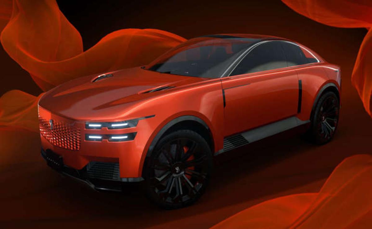 Sleek red futuristic electric car with aerodynamic design and black wheels.