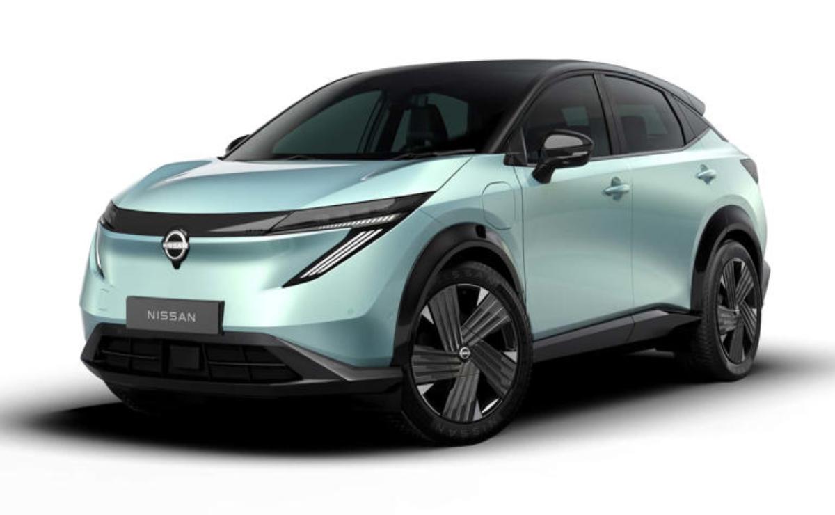 A sleek, modern electric car with a futuristic design in light blue.