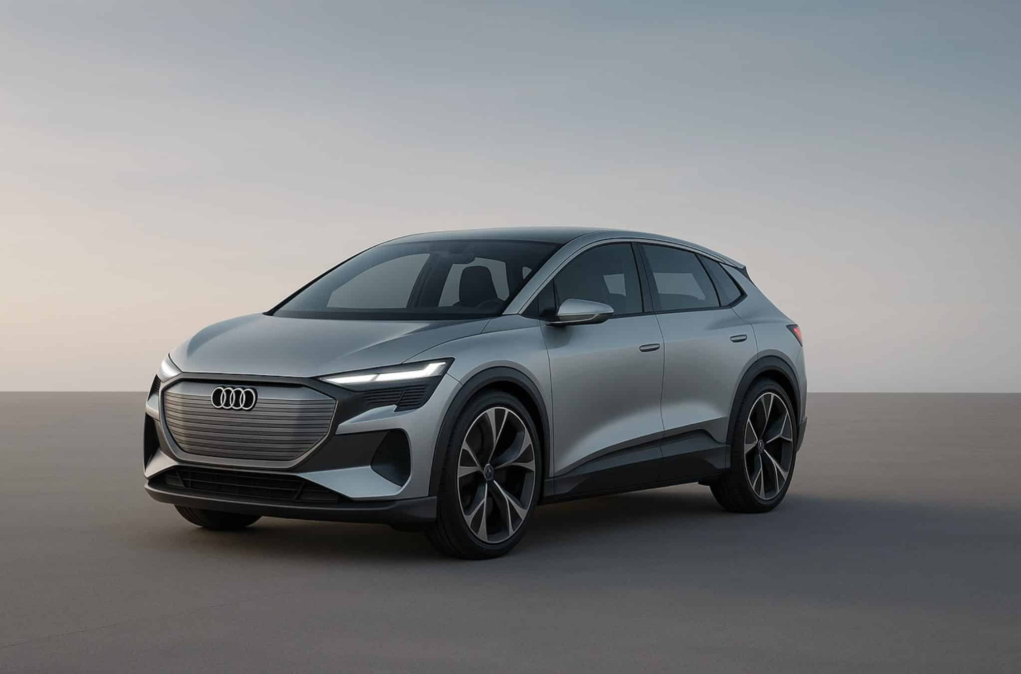 Sleek silver Audi electric SUV parked on a smooth surface at dusk.