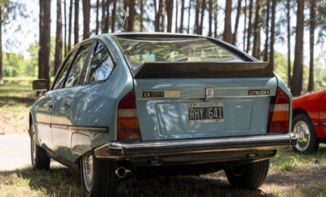 Vintage blue AMC Pacer parked in a wooded area.