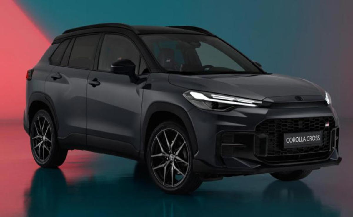 Sleek black SUV with modern design and sharp headlights against a teal background.