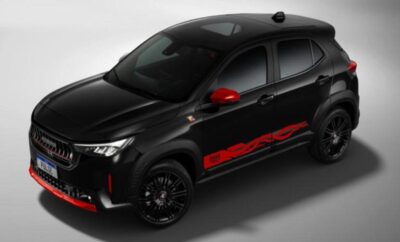 Sleek black compact SUV with red accents and sporty decals.