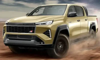 A rugged gold SUV driving on a dirt road.